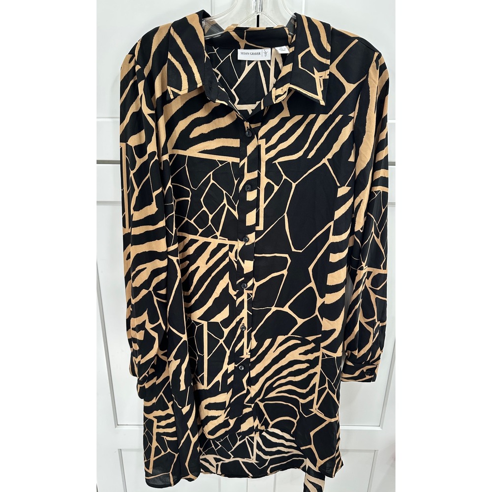 Susan Graver Women's Shirt Dress Size 12 Black Tan Print Button Up Long Sleeve